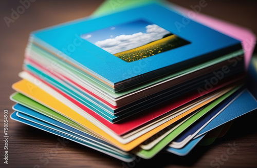 Pile of multi-colored cards with pictures. Paper is colorful background.Creative design for wallpaper. Quiz game