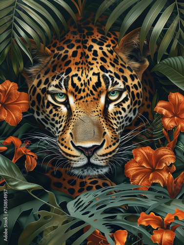 Adult jaguar peering through the jungle foliage