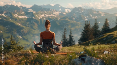 Woman practicing yoga in mountains  back view