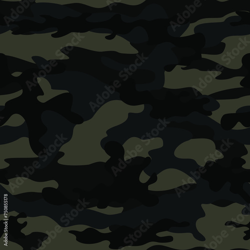 Black seamless modern camouflage pattern, vector fabric texture, night print, urban fashion design