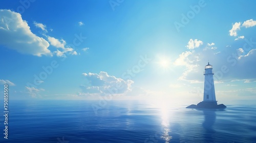 A distant lighthouse standing tall against the backdrop of a radiant blue sky, overlooking the vast ocean expanse.