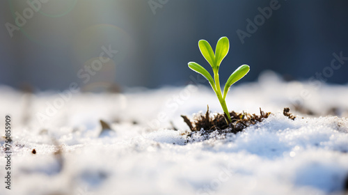 a green plant sprouting out of the snow