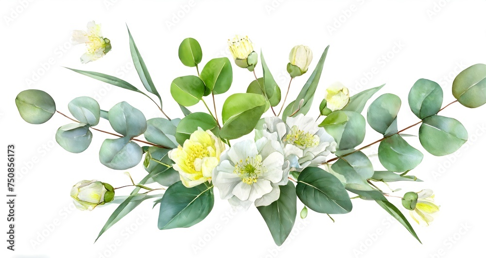 Watercolor eucalyptus flower arrangement. Greenery branches and jasmine flowers clipart set