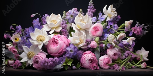 A bunch of pink and white spring flowers with soft buds on a purple background