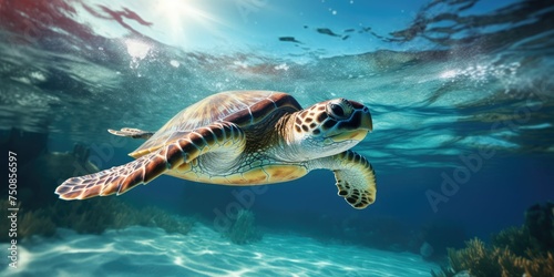 A majestic green turtle swimming in the ocean under the surface
