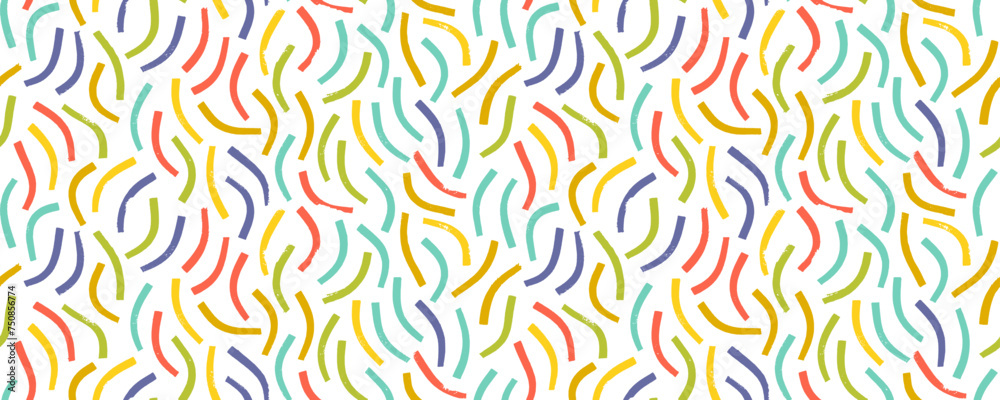 Fun colored doodle lines seamless pattern in Memphis childish style. Creative abstract squiggle style drawing background.