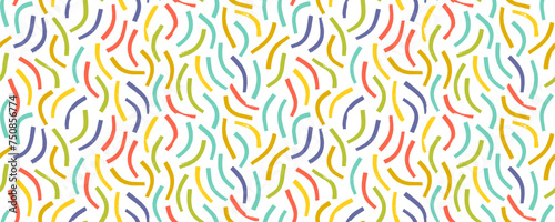 Fun colored doodle lines seamless pattern in Memphis childish style. Creative abstract squiggle style drawing background.