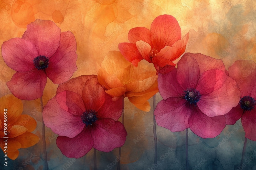Watercolor poppy flowers background