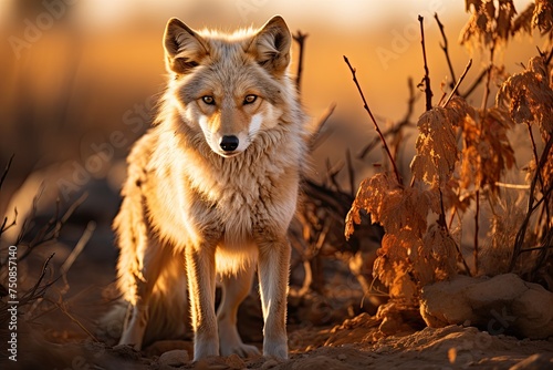 A cunning coyote in the deserted landscape at dusk., generative IA