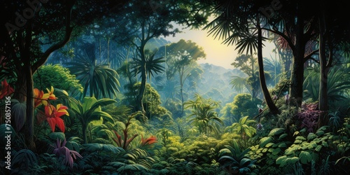  A vibrant and lush rainforest canopy  with a diverse array of plant life and wildlife hidden within its depths