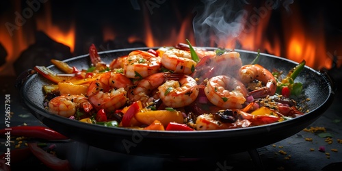Chef expertly flames prawns in a sizzling wok showcasing culinary skills. Concept Culinary Expertise, Flambe Technique, Sizzing Wok, Prawns Dish, Cooking Showmanship
