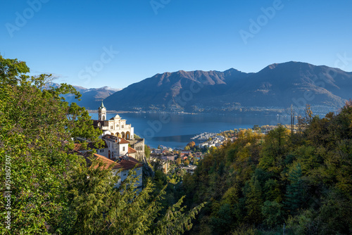 The village of Locarno on the Lago Maggiore, Kanton Ticino, Church Madonna del Sasso, Orselina, Switzerland. Site of Roman Catholic pilgrimage founded after a vision of the Virgin Mary appeared 1480
