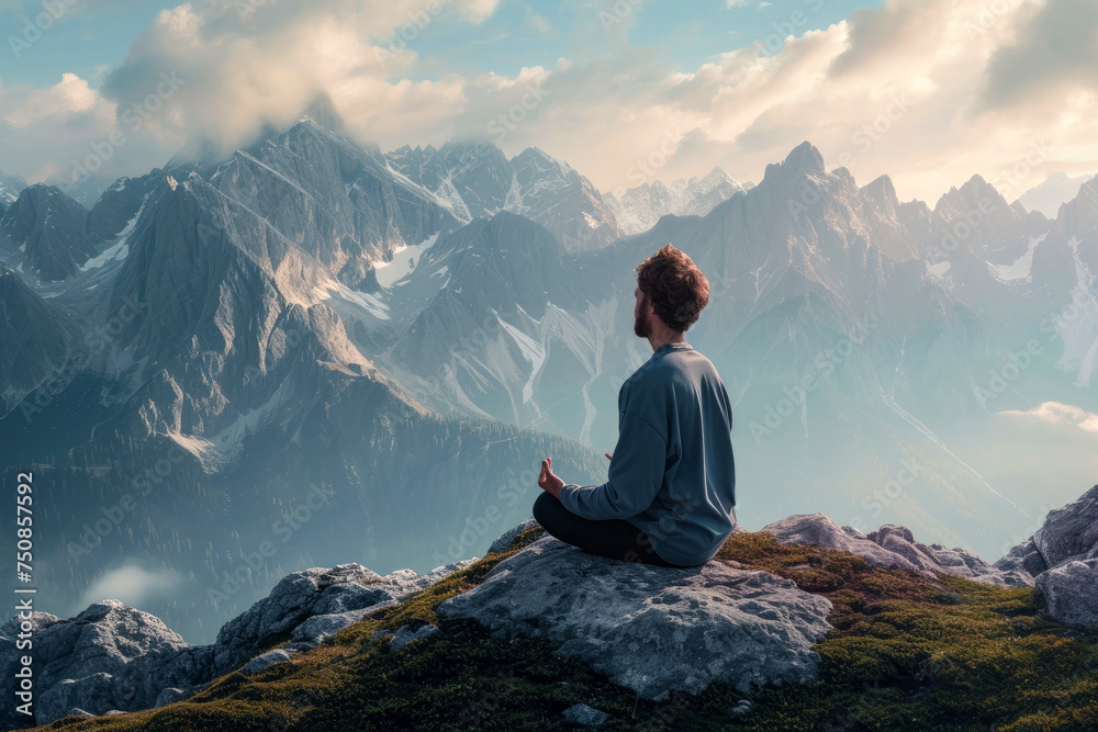 mental health and meditation. young man meditating while sitting in lotus position high in the mountains
