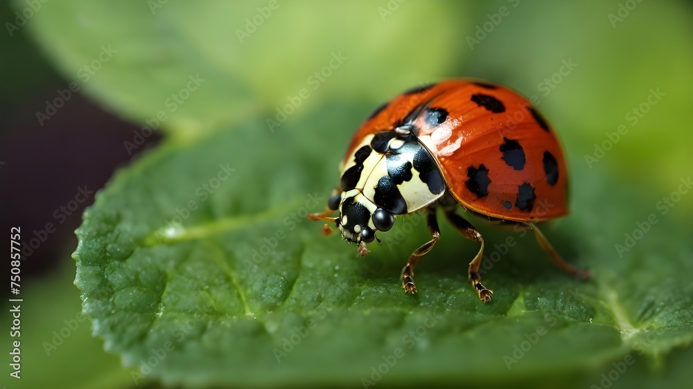 Macro photo of Ladybug in the green leaf. Macro bugs and insects world. Macro photo of Ladybug in the green leaf. Macro bugs and insects world.