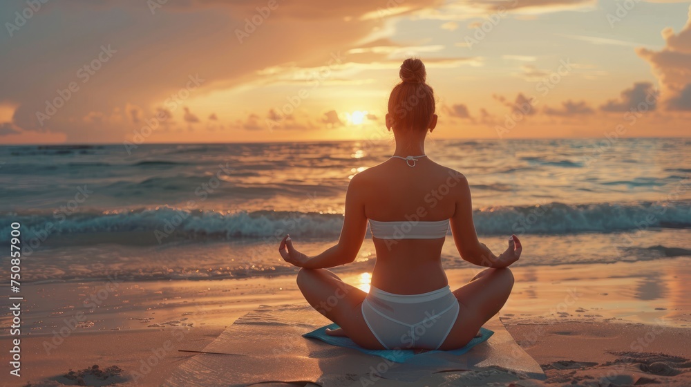woman practicing yoga on the beach at warm sunset light, back view