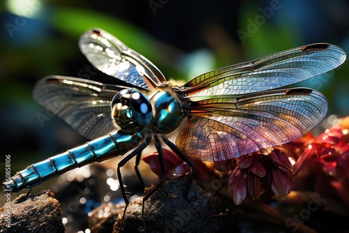 Dragonfly landing on jewelry by the lake., generative IA