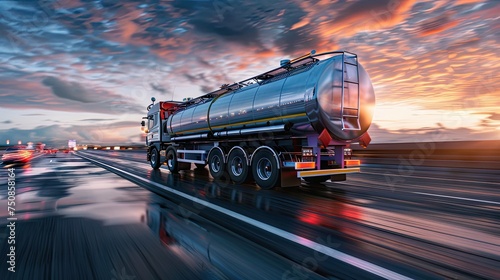a dynamic side view of a big fuel gas tanker truck on the highway.