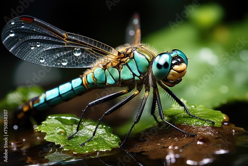 Dragonfly in close-up, dew in the wings, radiant nature., generative IA © JONATAS