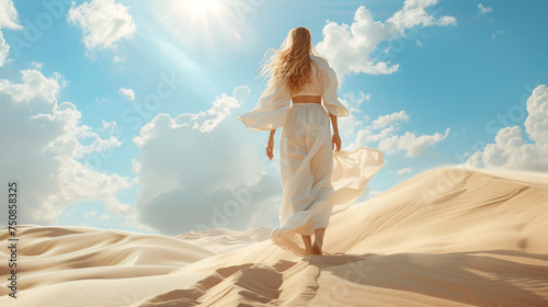 a woman in a white dress walking in the desert