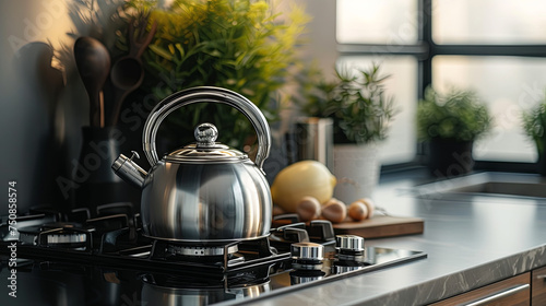 A metal kettle in a modern kitchen