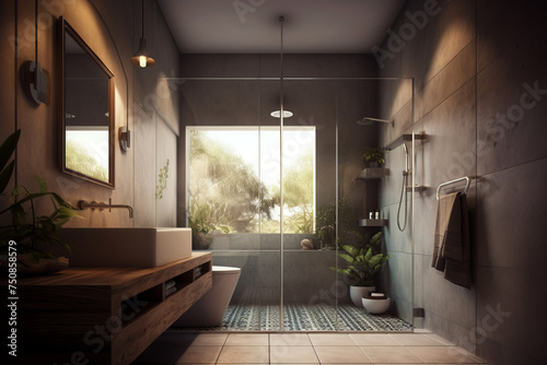 Stylish interior of bathroom in modern house. © tynza