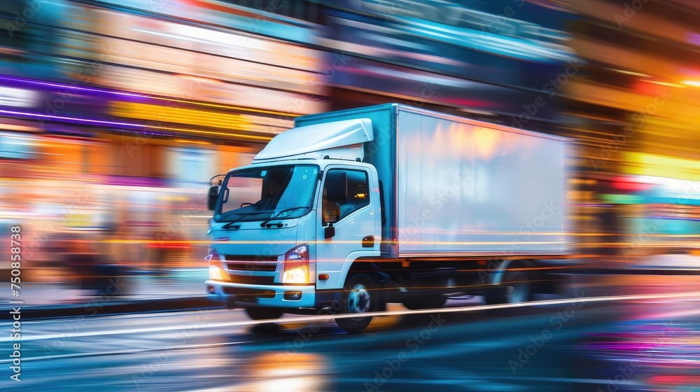 white truck in dynamic side view, conveying swift transportation on the highway