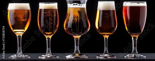 A diverse selection of beer glasses with different types of beer displayed on a sleek black background. Concept Beer Glasses, Variety of Beers, Black Background, Diverse Selection