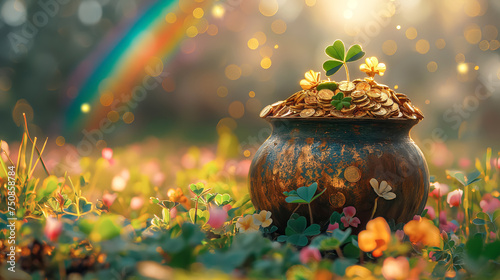Leprechaun pot with gold coins on clover meadow with rainbow. St. Patrick's day