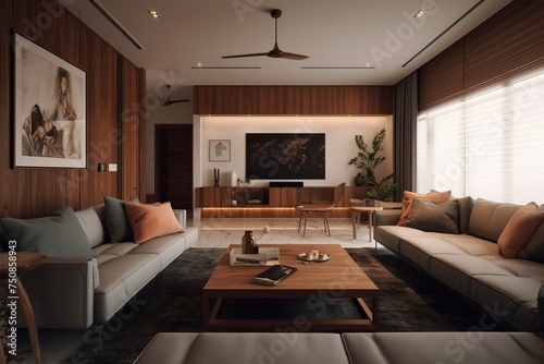 Stylish interior of living room in modern house. © tynza