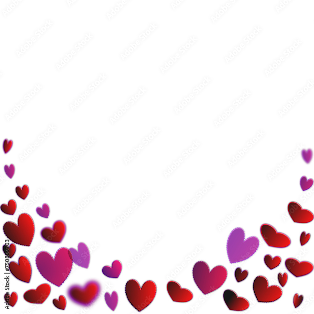 Transparent background with a rim of falling hearts at the bottom. Vector graphic. Valentine background with red and pink hearts