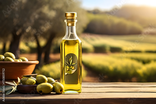 Glass bottle of Extra virgin olive oil on wooden table in a rural olive field with sunset background, copy space. Healthy mediterranean food.