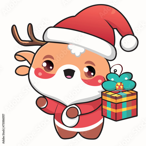 santa claus delivering presents with his reindeer, capturing the joy and magic of christmas eve,white background, vector illustration kawaii