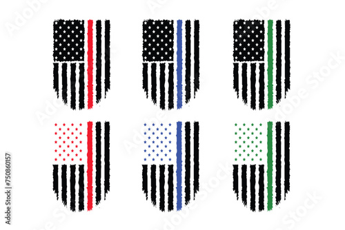 First Responders Flag Set Bundle, American Distressed Flag Firefighter,Police,Military Vector Print For T Shirt Poster Banner Design..