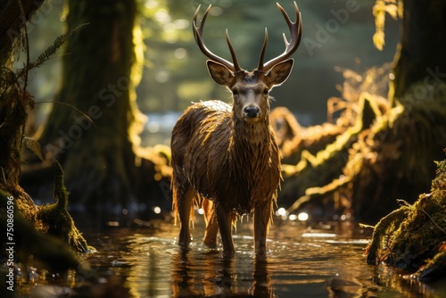 Majestic deer in the forest  in perfect tune with nature.  generative IA