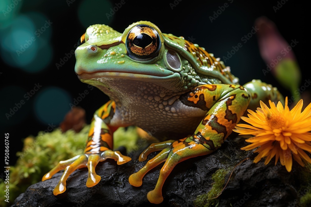 Frog interacts with children in educational terrarium., generative IA Frog interacts with children in educational terrarium., generative IA