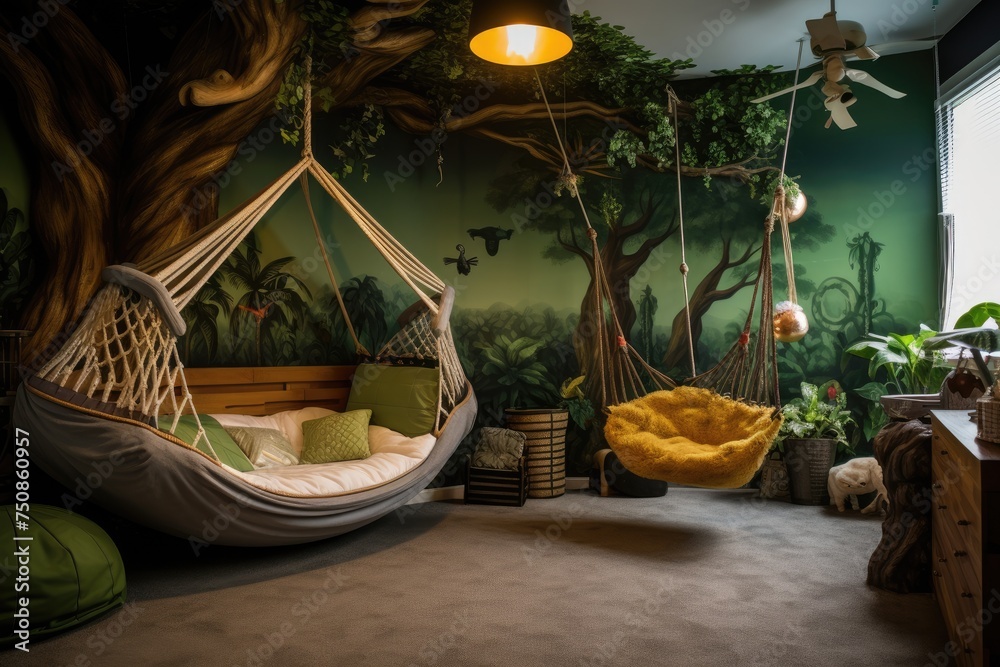 Fototapeta premium A serene and inviting children's bedroom with a detailed jungle mural, featuring two hammocks, plush seating, and rich plant life accents