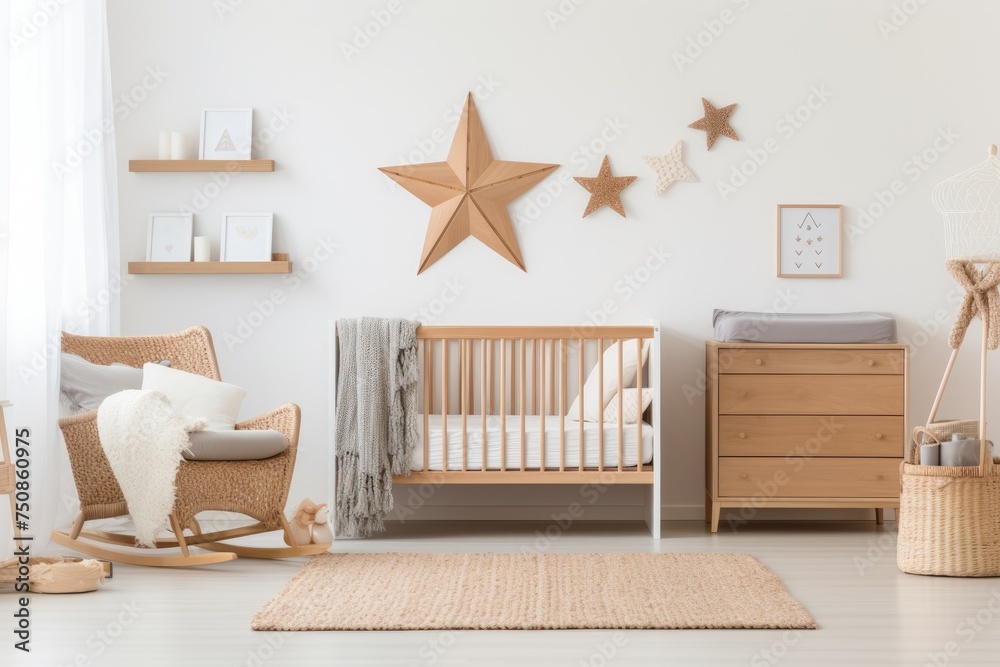 A tranquil Scandinavian nursery featuring a mix of wooden and wicker furniture, soft textiles, and star decorations on a clean, white background - obrazy, fototapety, plakaty 