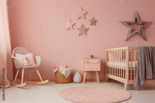 A serene nursery bathed in soft pink hues, complemented by wooden accents, featuring a rocking chair, crib, and whimsical star decorations photo