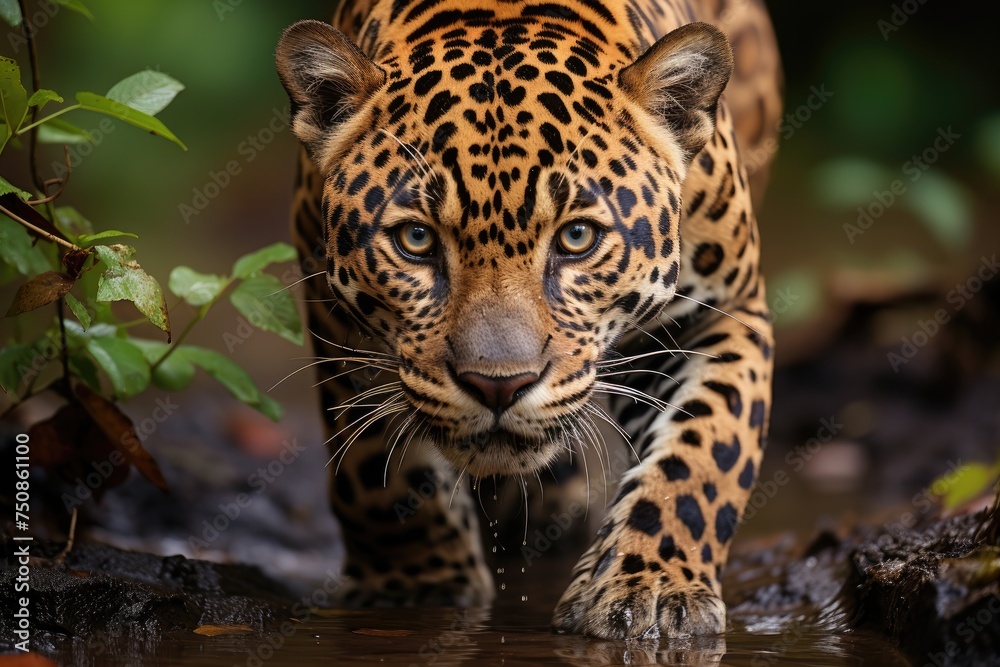 Jaguar on the trail, displaying its presence and strength in the forest., generative IA Jaguar on the trail, displaying its presence and strength in the forest., generative IA