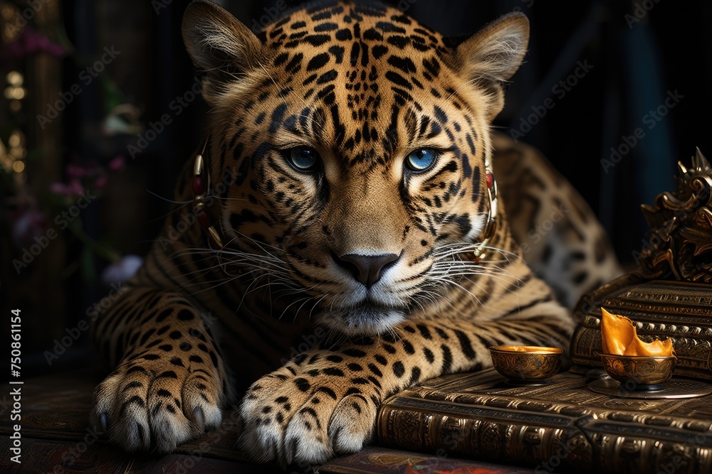 Obraz premium Jaguar emerges from a book of mythology., generative IA