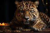 Jaguar emerges from a book of mythology., generative IA