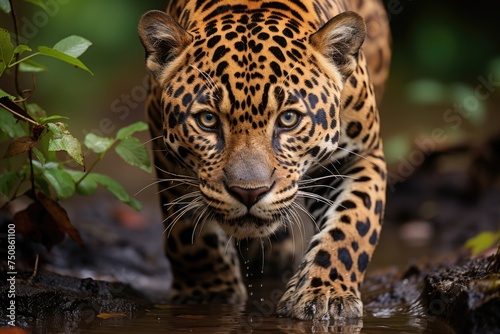 Jaguar on the trail, displaying its presence and strength in the forest., generative IA