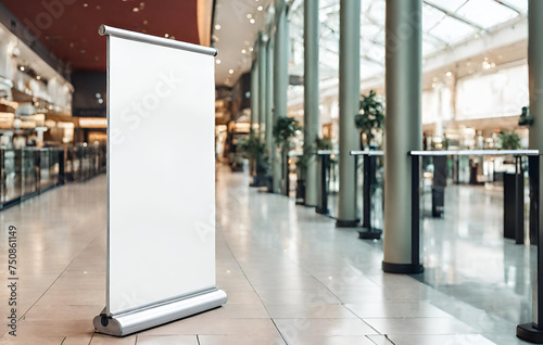 standing poster display in a shopping mall Free, Vibrant Blank Color RollUp Banner Stand Stealing the Spotlight in a Shopping Mall 3D Render