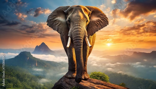 back view, lone elephant sitting on tree branch watching sunrise and sunset 