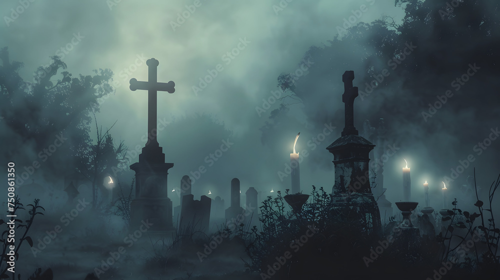 Frighteningly Authentic Haunting Atmosphere: Creeping Foggy Mist Shrouded in Ghostly Hues, Anchored with a Pumpkin Halloween Gothic Flair