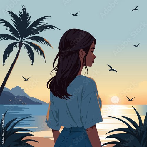 Vector cartoon illustration of a young beautiful girl looking at the sea sunset and flying birds. Back view. 