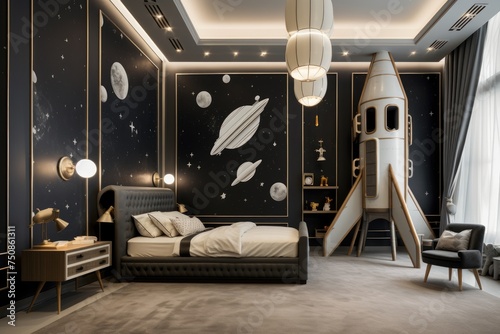 Space themed bedroom featuring a sleek rocket structure  celestial wall murals  and modern furnishings for the young astronaut