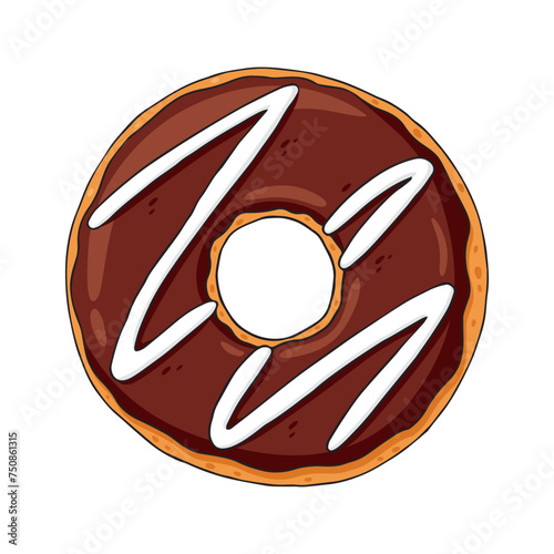 Cartoon colorful tasty donut isolated on white background. Glazed doughnut top view for cafe decoration or menu design. Vector illustration in hand drawn style.