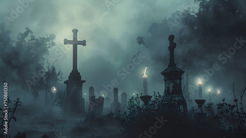 Frighteningly Authentic Haunting Atmosphere: Creeping Foggy Mist Shrouded in Ghostly Hues, Anchored with a Pumpkin Halloween Gothic Flair photo