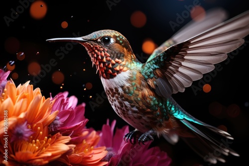 Hummingbird hovering in a tropical garden., generative IA © JONATAS